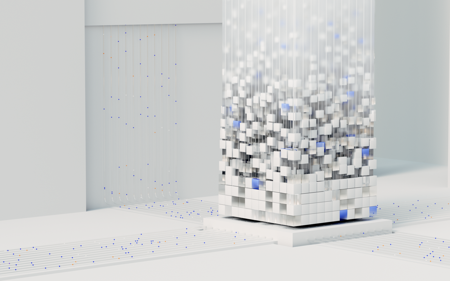 Abstract white cube of floating blocks amid fine blue data lines