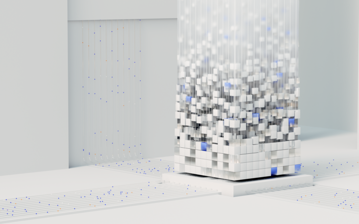 Abstract white cube of floating blocks amid fine blue data lines