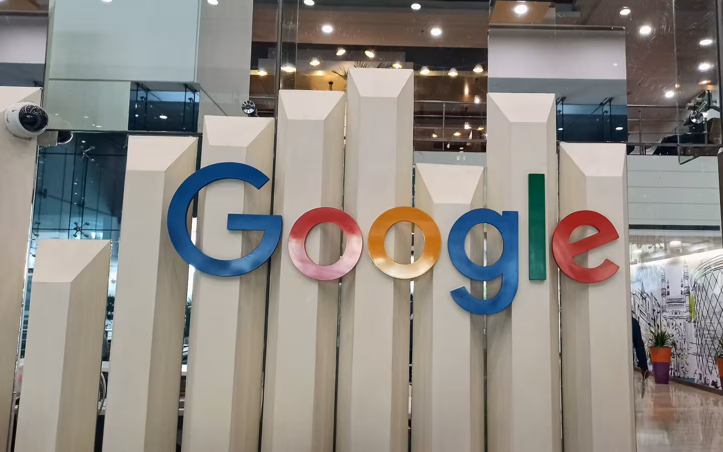 A large Google logo inside the Google head office in Hyderabad.