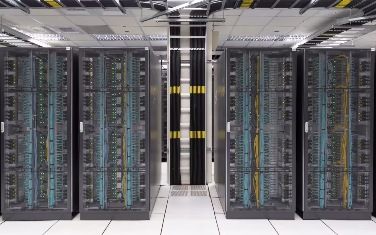 Server cabinets and dense cabling inside the Central Weather Administration Building