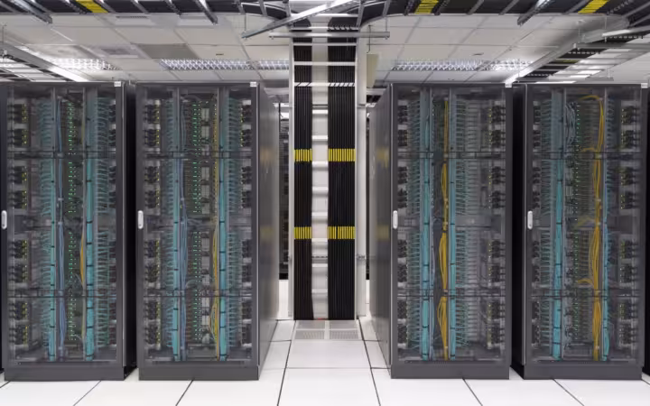Server cabinets and dense cabling inside the Central Weather Administration Building