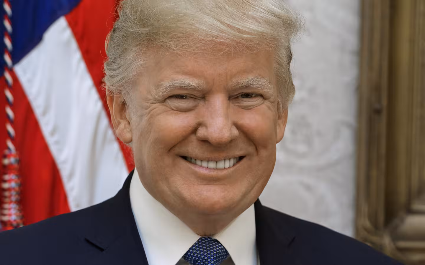 Donald Trump smiling in an official portrait with a US flag behind him