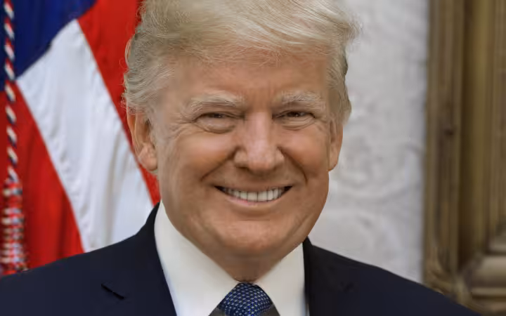 Donald Trump smiling in an official portrait with a US flag behind him