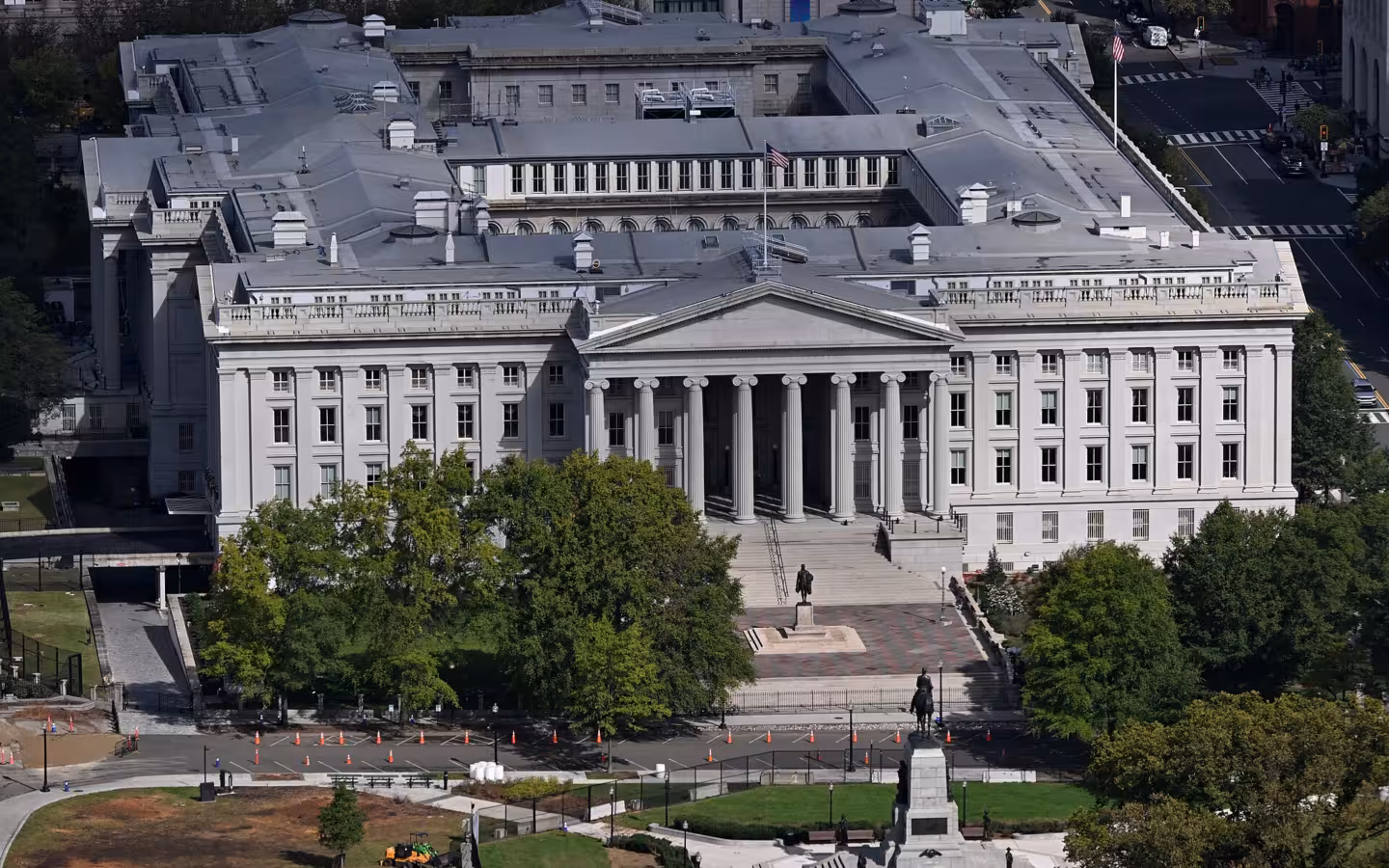 The United States Treasury Building viewed from above, with Sherman Park in front