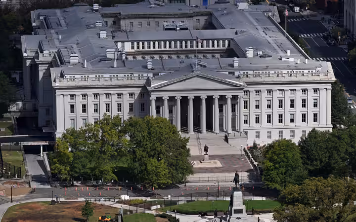 The United States Treasury Building viewed from above, with Sherman Park in front