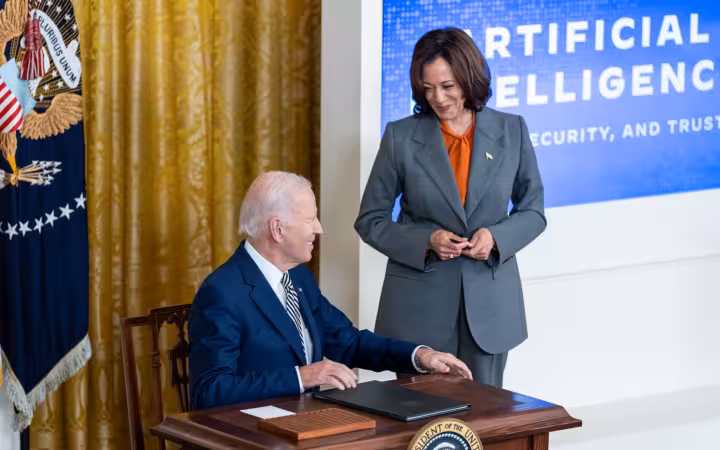 President Joe Biden seated beside Kamala Harris at the White House.